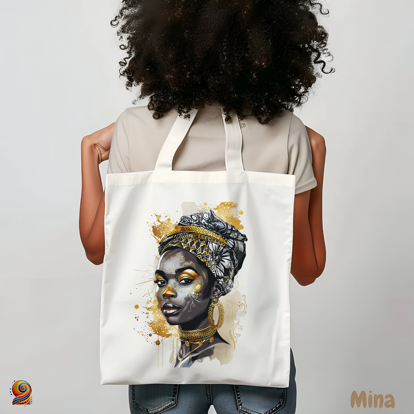 Afro woman tote bag scarf "Mina"