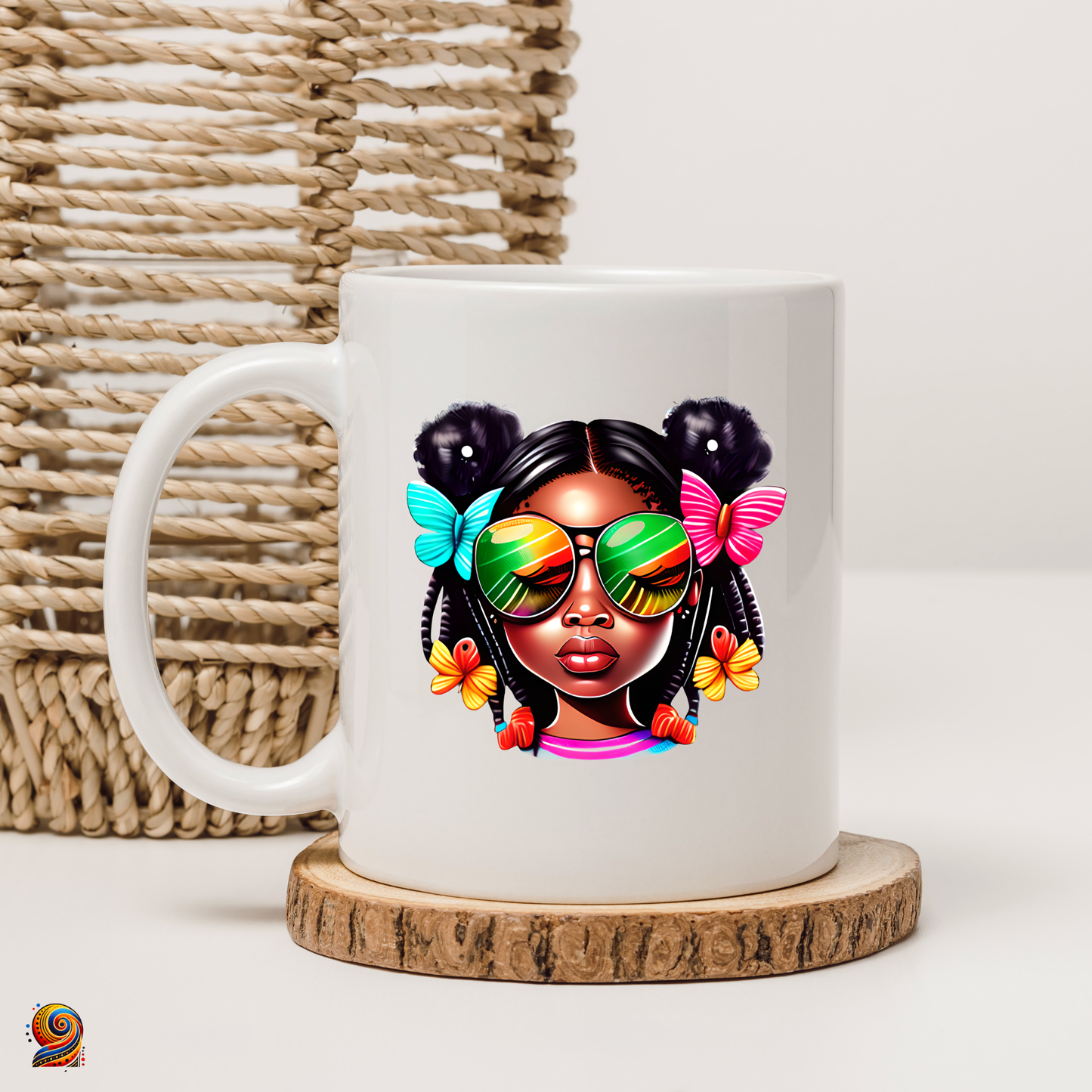 Afro girl mug with glasses and butterflies