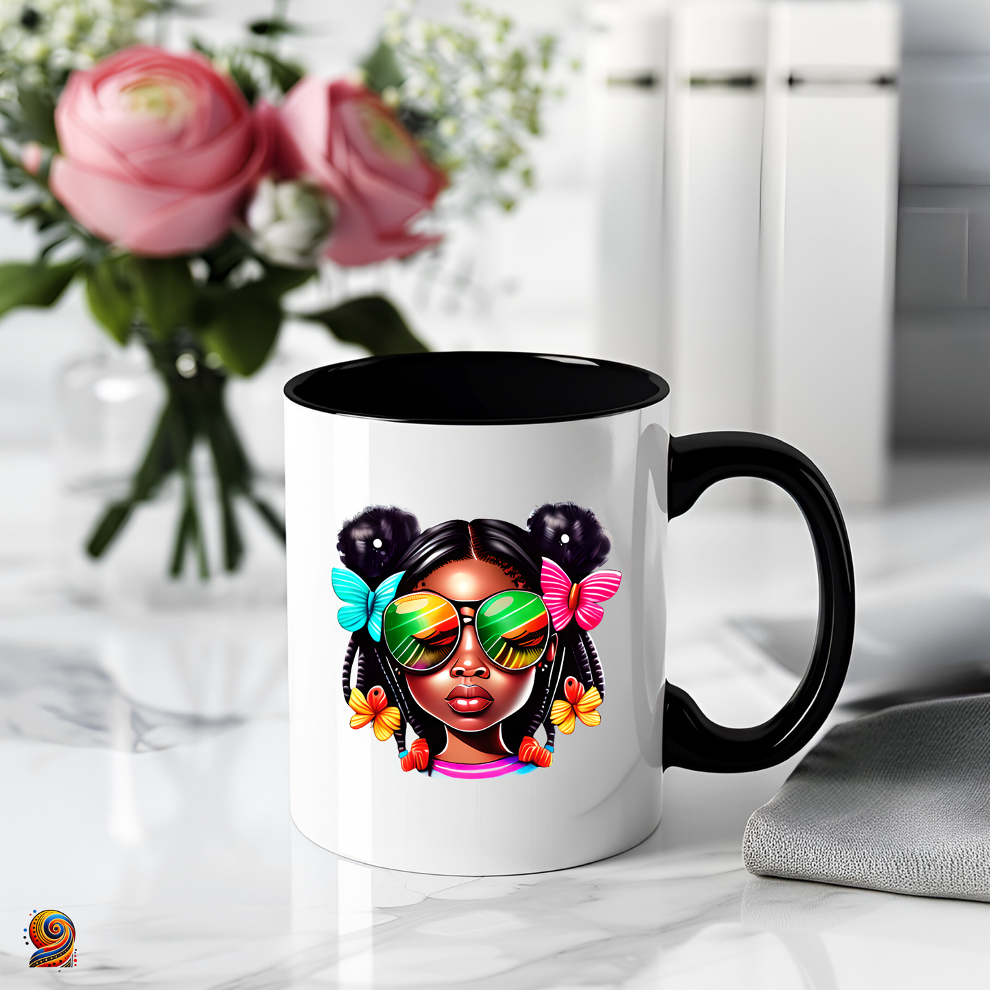 Afro girl mug with glasses and butterflies