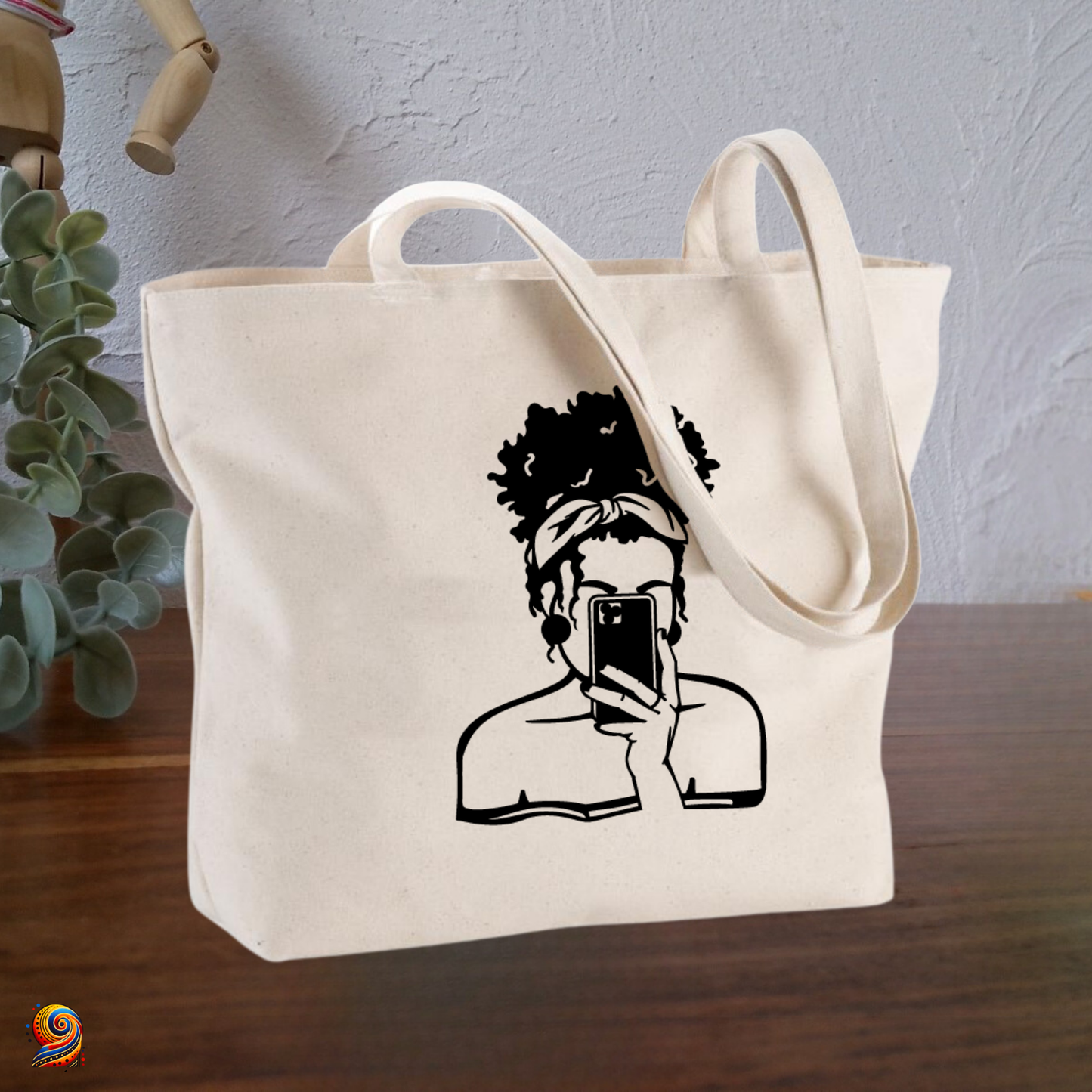 Afro-puff woman silhouette shopping bag