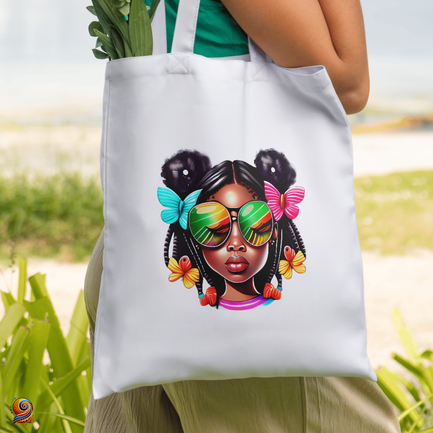 Afro shopping tote bag "Little girl with glasses and butterflies"