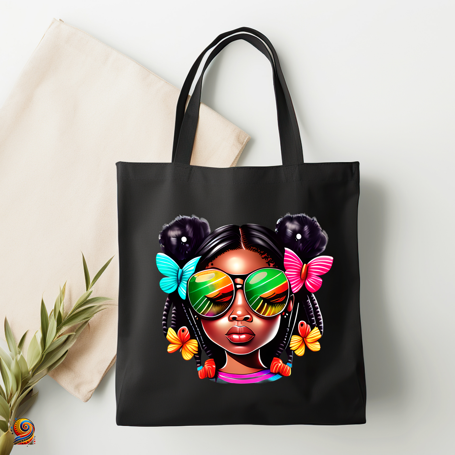 Afro shopping tote bag "Little girl with glasses and butterflies"